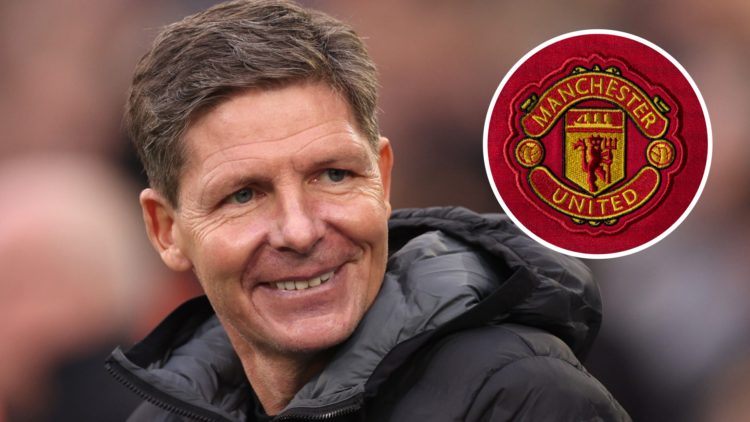 Crystal Palace manager Oliver Glasner, with Manchester United badge inset.