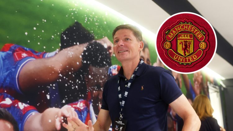 Oliver Glasner arrives at Wembley for the 2025 FA Community Shield between Crystal Palace and Liverpool, Manchester United badge inset