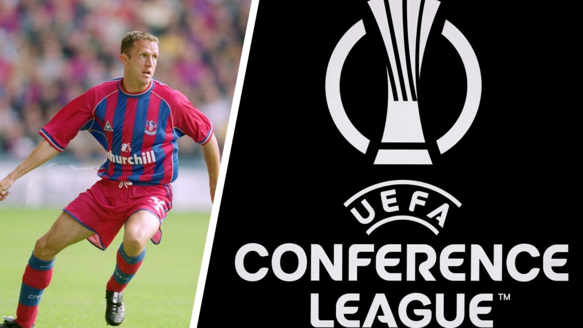 Split image of Steve Vickers in action for Crystal Palace, and the official logo of the UEFA Conference League.