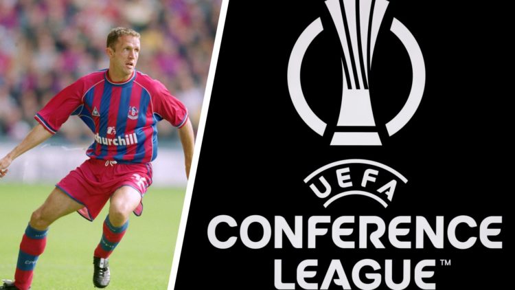 Split image of Steve Vickers in action for Crystal Palace, and the official logo of the UEFA Conference League.
