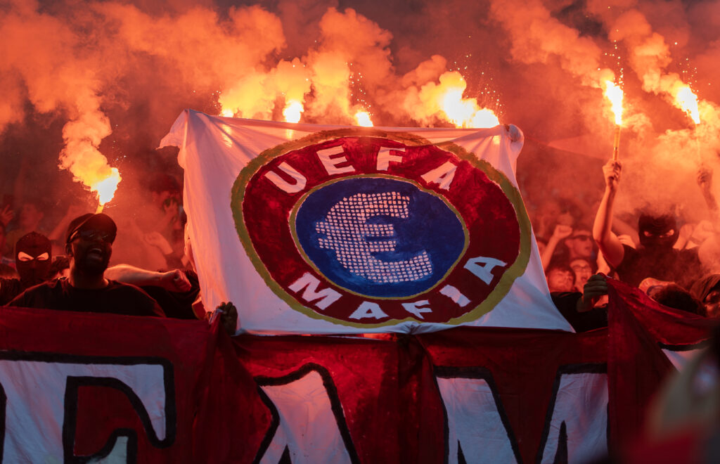 Crystal Palace fans show banner in protest against UEFA