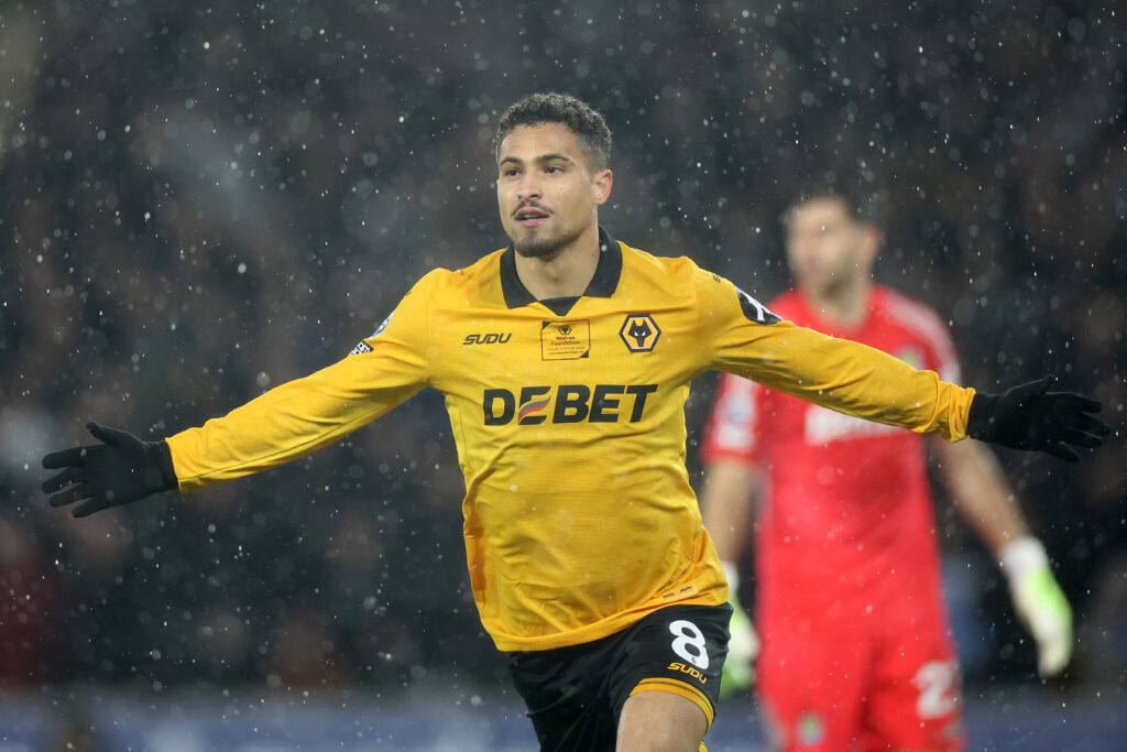 Joao Gomes celebrates a goal for Wolves