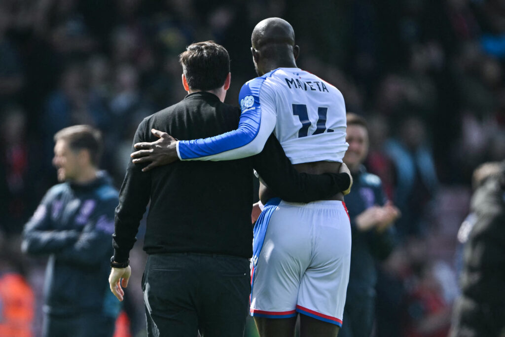 Andoni Iraola and Jean-Philippe Mateta embrace