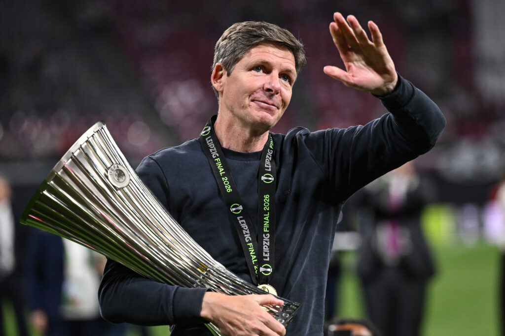 Oliver Glasner celebrates after winning the UEFA Conference League with Crystal Palace