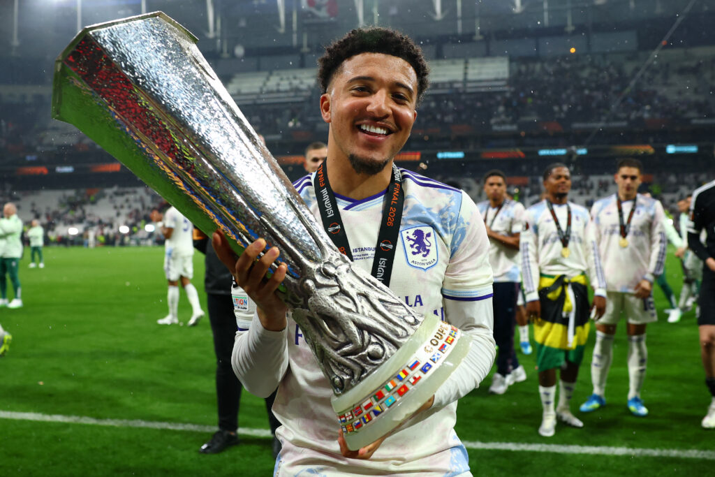 Jadon Sancho celebrates after winning the 2026 UEFA Europa League with Aston Villa