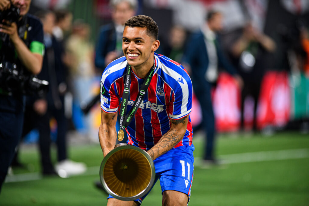 Brennan Johnson celebrates winning the 2026 UEFA Conference League with Crystal Palace