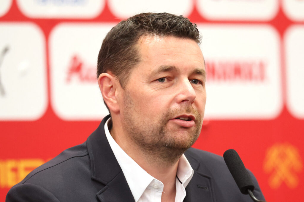 Pierre Sage during a press conference with RC Lens