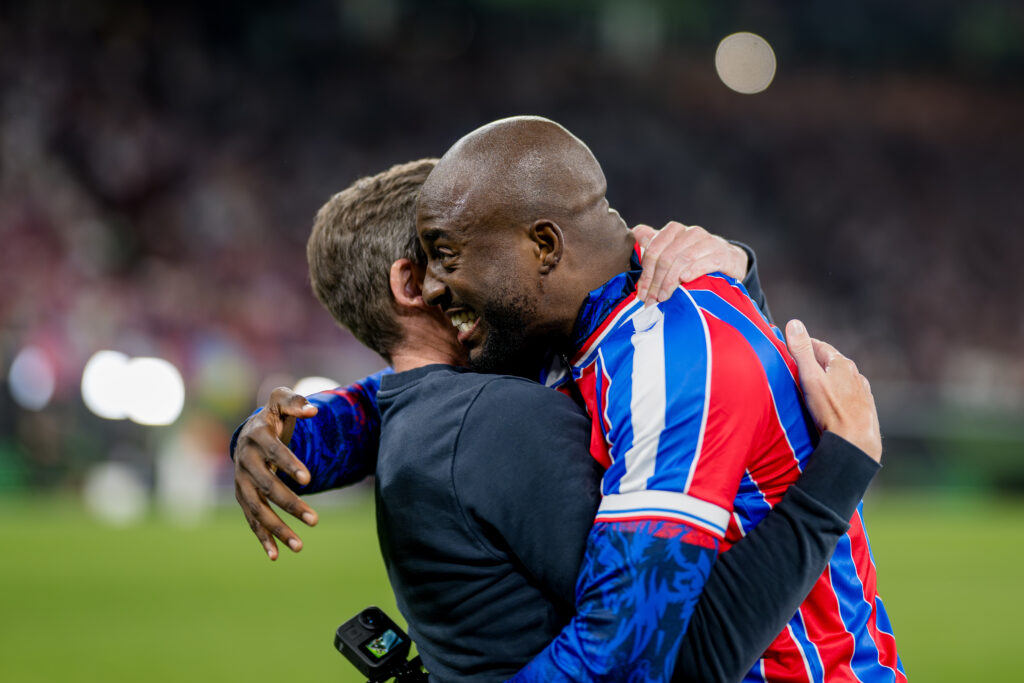 Oliver Glasner and Jean-Philippe Mateta embrace after Crystal Palace FC v Rayo Vallecano de Madrid - UEFA Conference League Final 2026