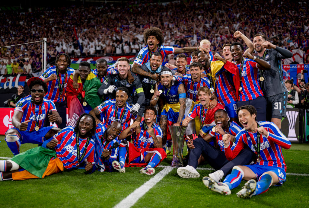 Crystal Palace players celebrate winning the 2026 UEFA Conference League